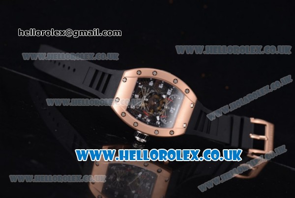 Richard Mille RM 022 Carbone Tourbillon Aerodyne Double Time Zone Japanese Miyota 6T51 Manual Winding Rose Gold Case with Skeleton Dial and Black Rubber Strap - Click Image to Close